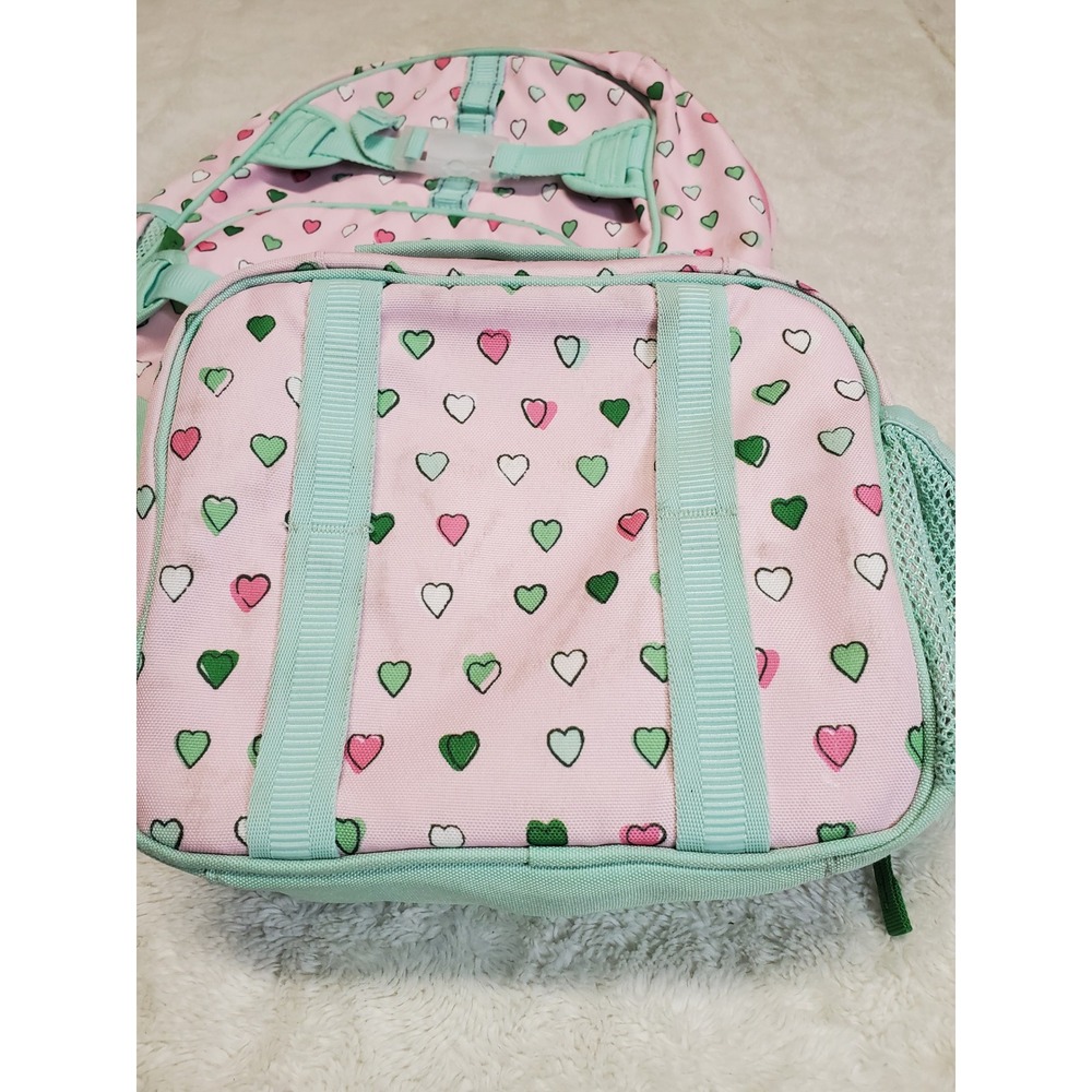 Pottery Barn Kids Roller Rabbit Pink Mint Hearts Backpack Lunch Bag Sack School - Picture 10 of 15